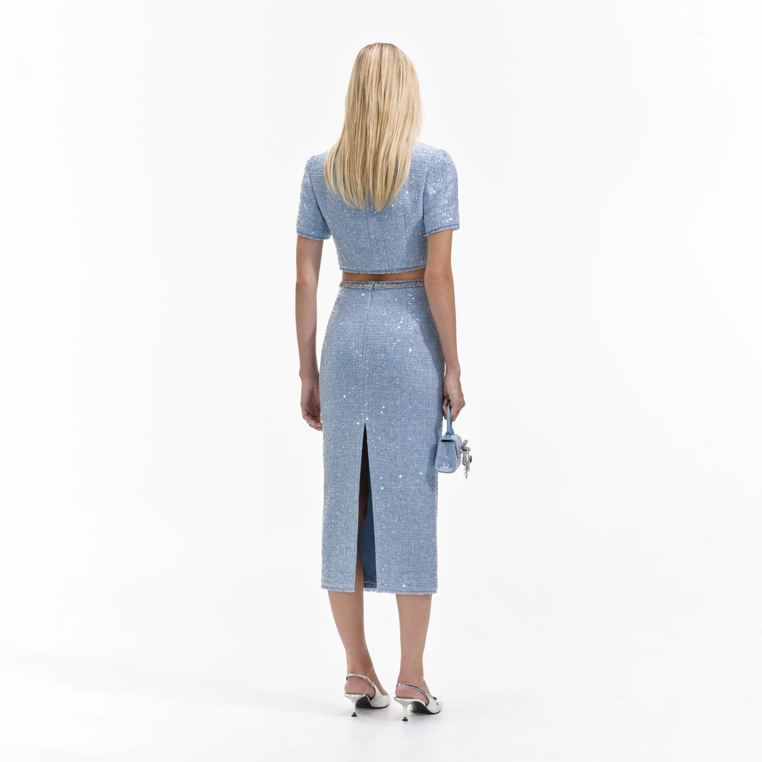 BLUE SEQUIN CROP TOP BOUCLE PARTY WEAR