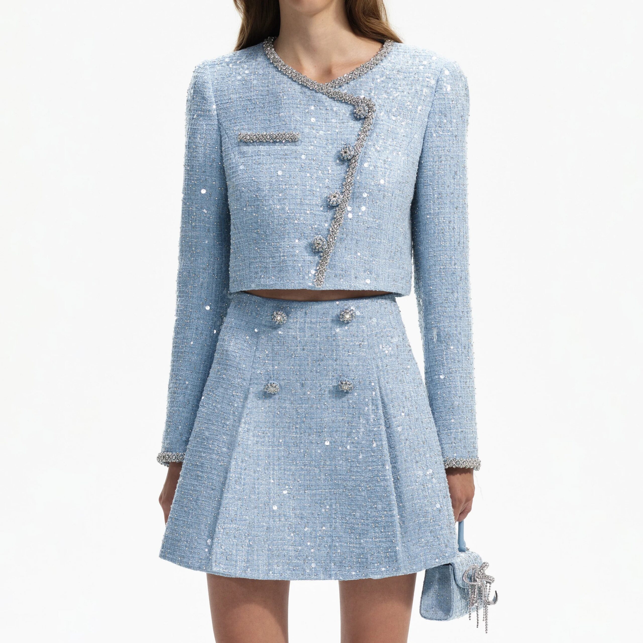 BLUE SEQUIN BOUCLE MINI SKIRT FOR PARTY