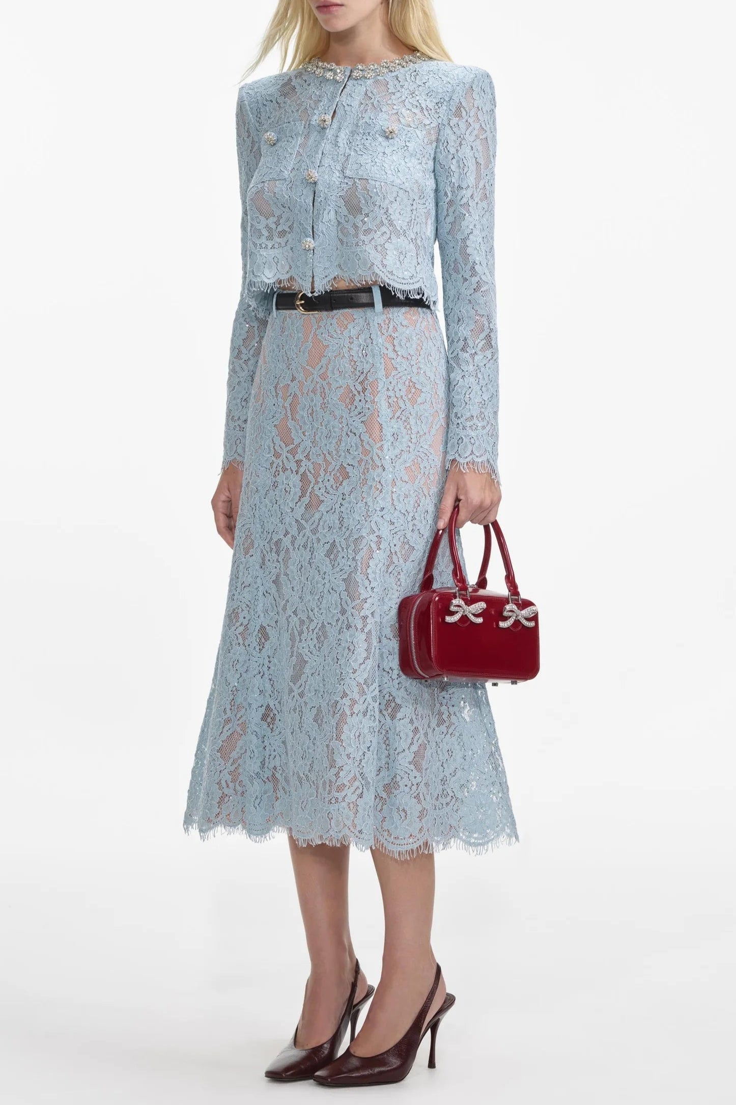CAROL LACE FLARED MIDI SKIRT BLUE