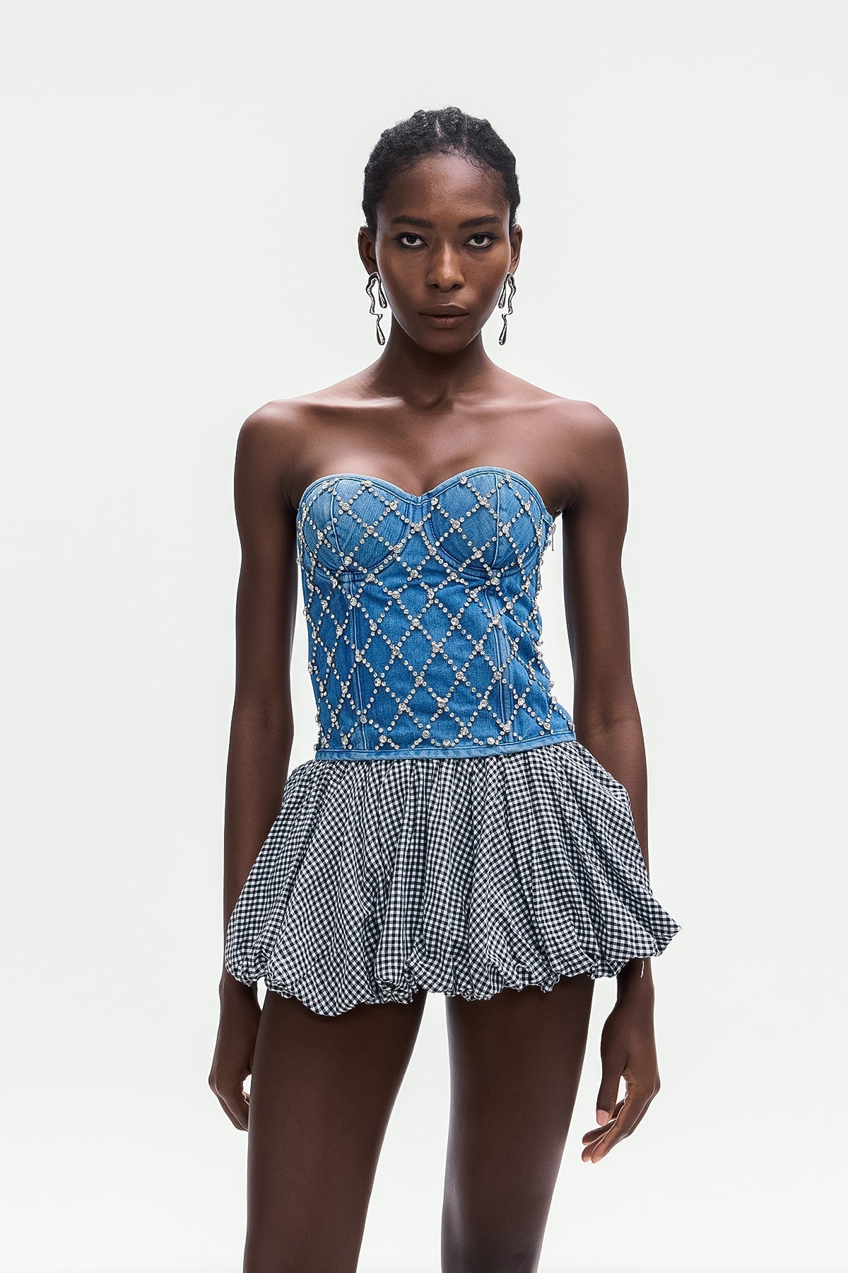 CRYSTAL STRAPLESS DENIM TOP, BLUE WEDDING PARTY