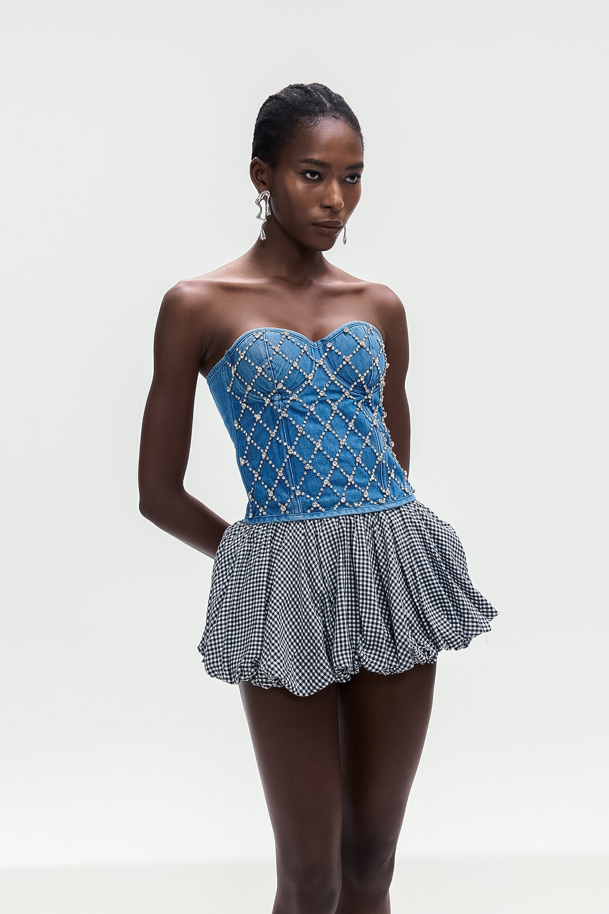 CRYSTAL STRAPLESS DENIM TOP, BLUE WEDDING PARTY