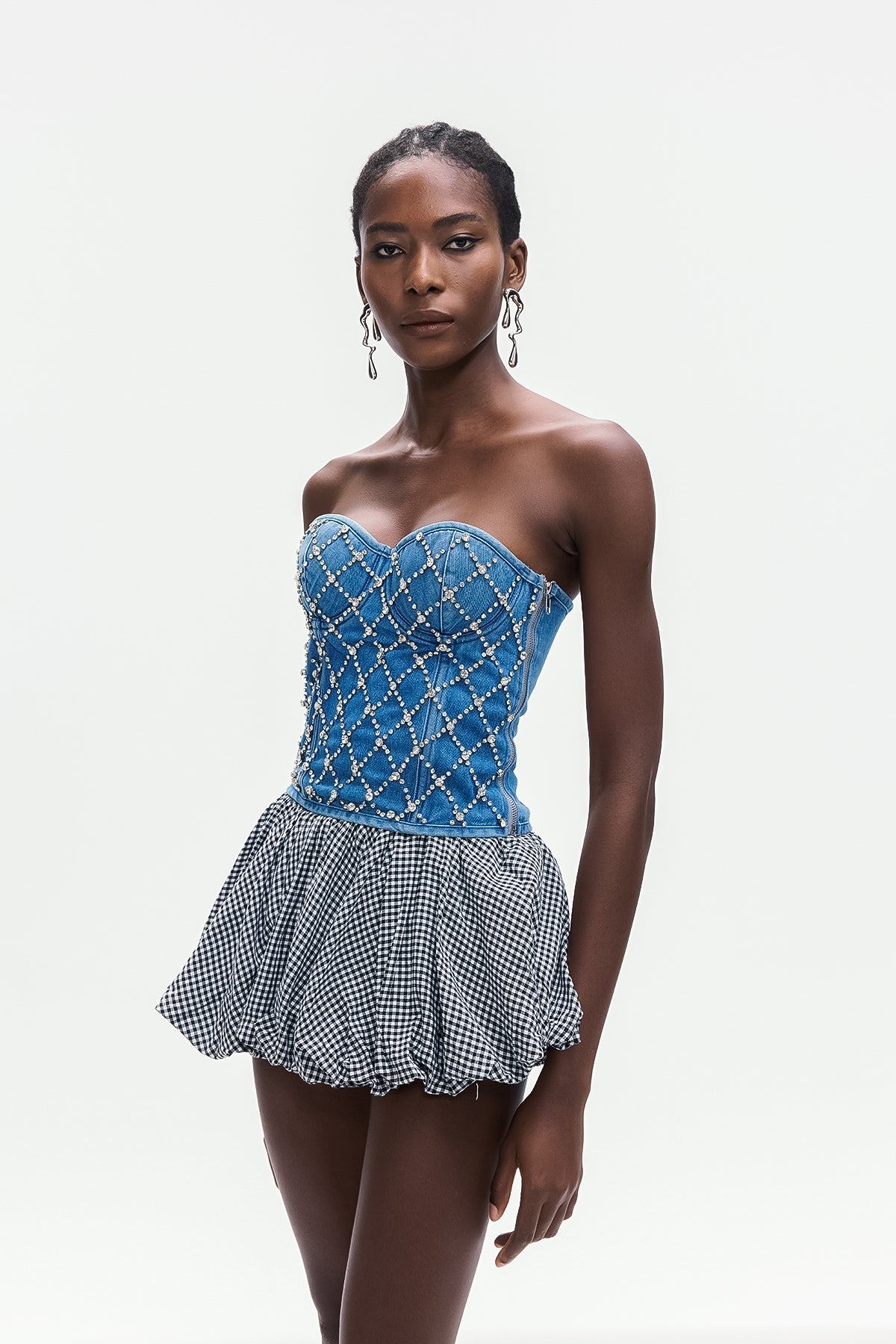 CRYSTAL STRAPLESS DENIM TOP, BLUE WEDDING PARTY