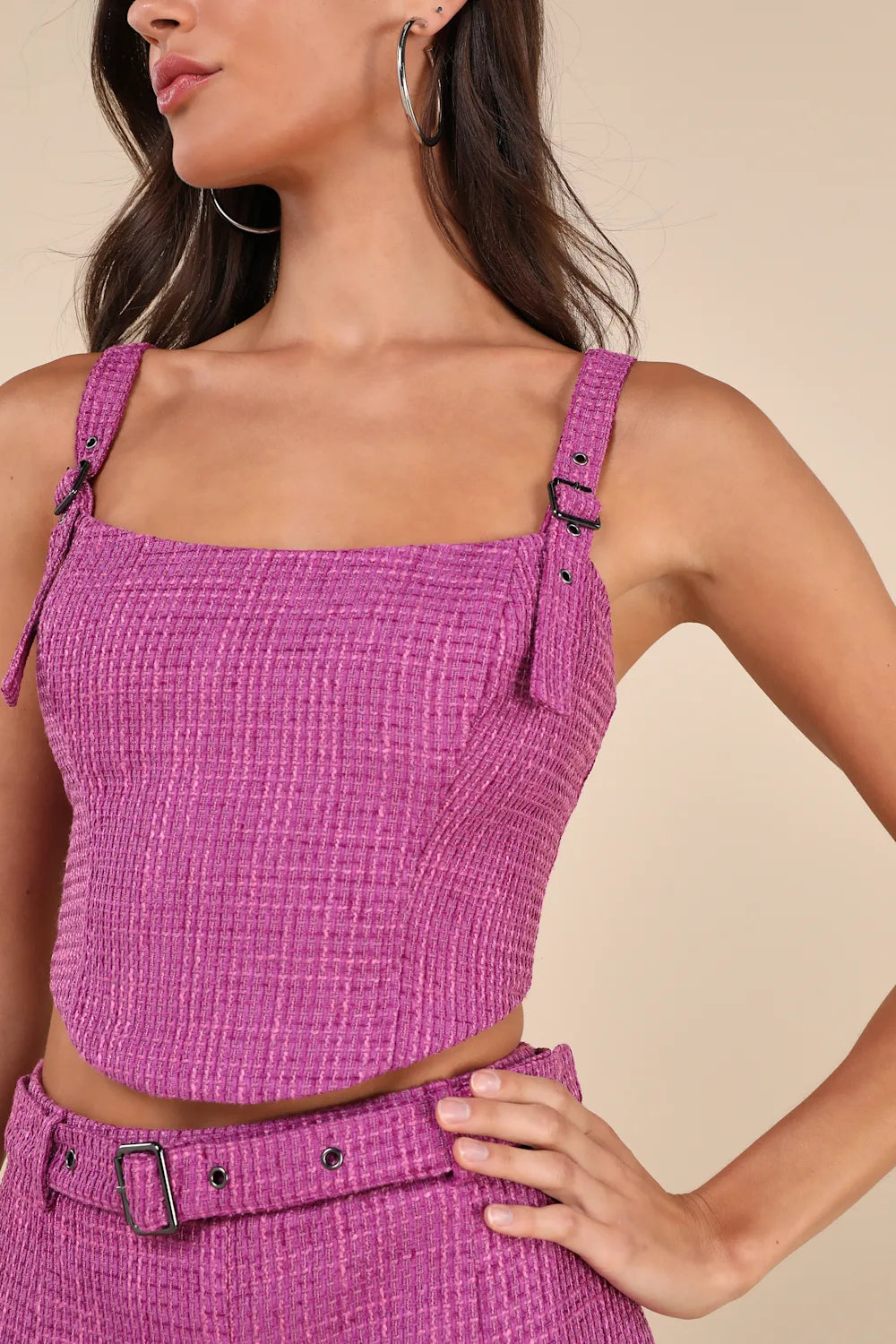 BOLD CUTIE PURPLE TWEED BUCKLE CROP TANK TOP