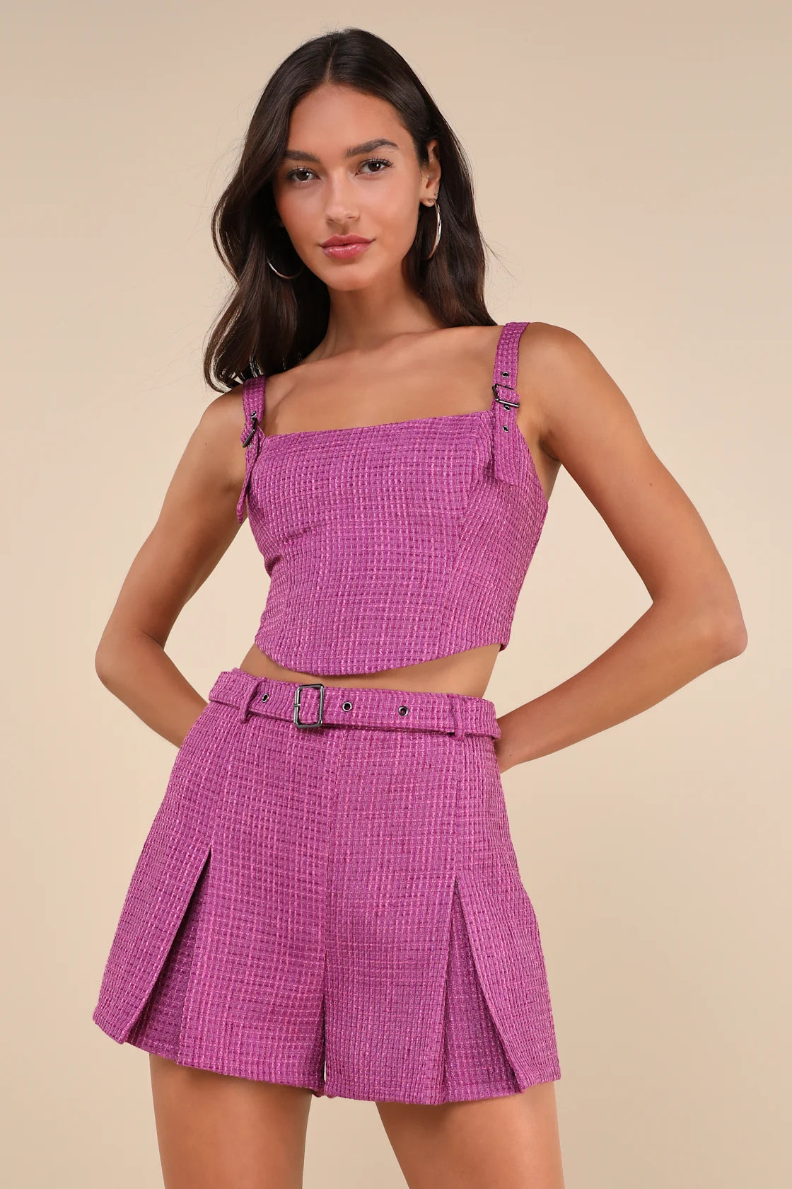 BOLD CUTIE PURPLE TWEED BUCKLE CROP TANK TOP