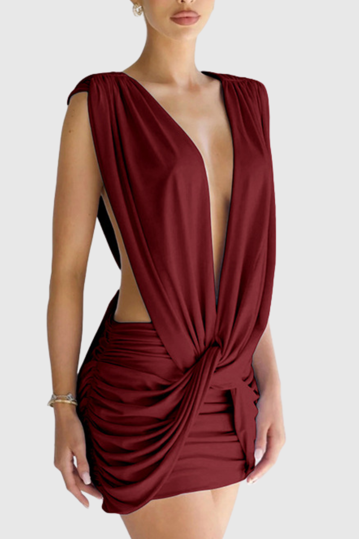 BOONEA DRAPED MINI WINE COCKTAIL DRESS