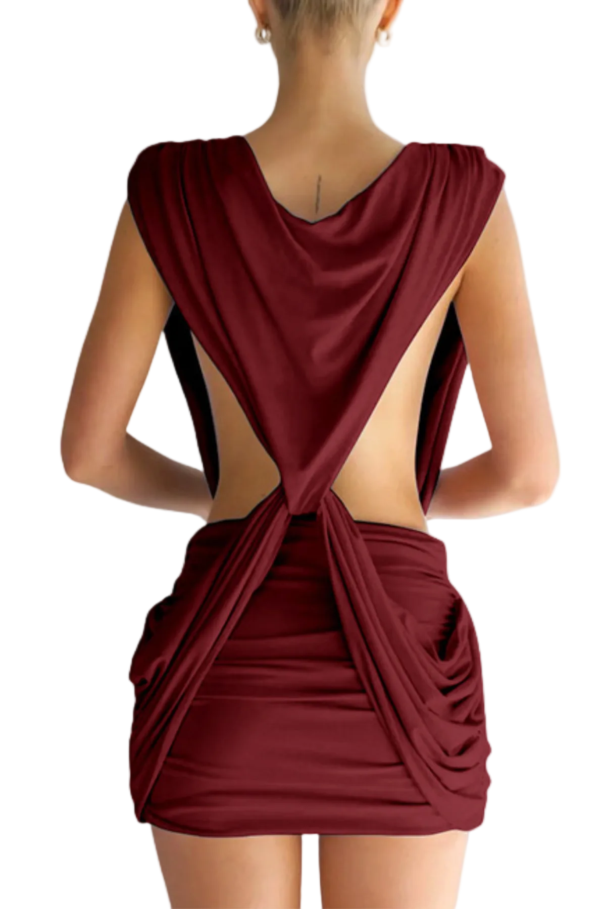 BOONEA DRAPED MINI WINE COCKTAIL DRESS