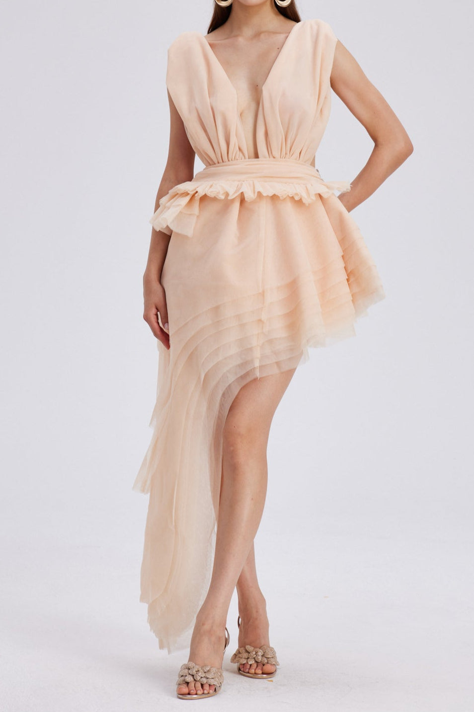BOSMAT RUCH MESH ASYMMETRIC MINI DRESS APRICOT