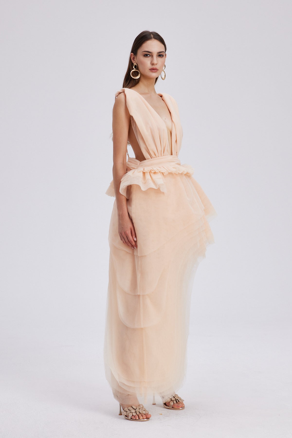 BOSMAT RUCH MESH ASYMMETRIC MINI DRESS APRICOT