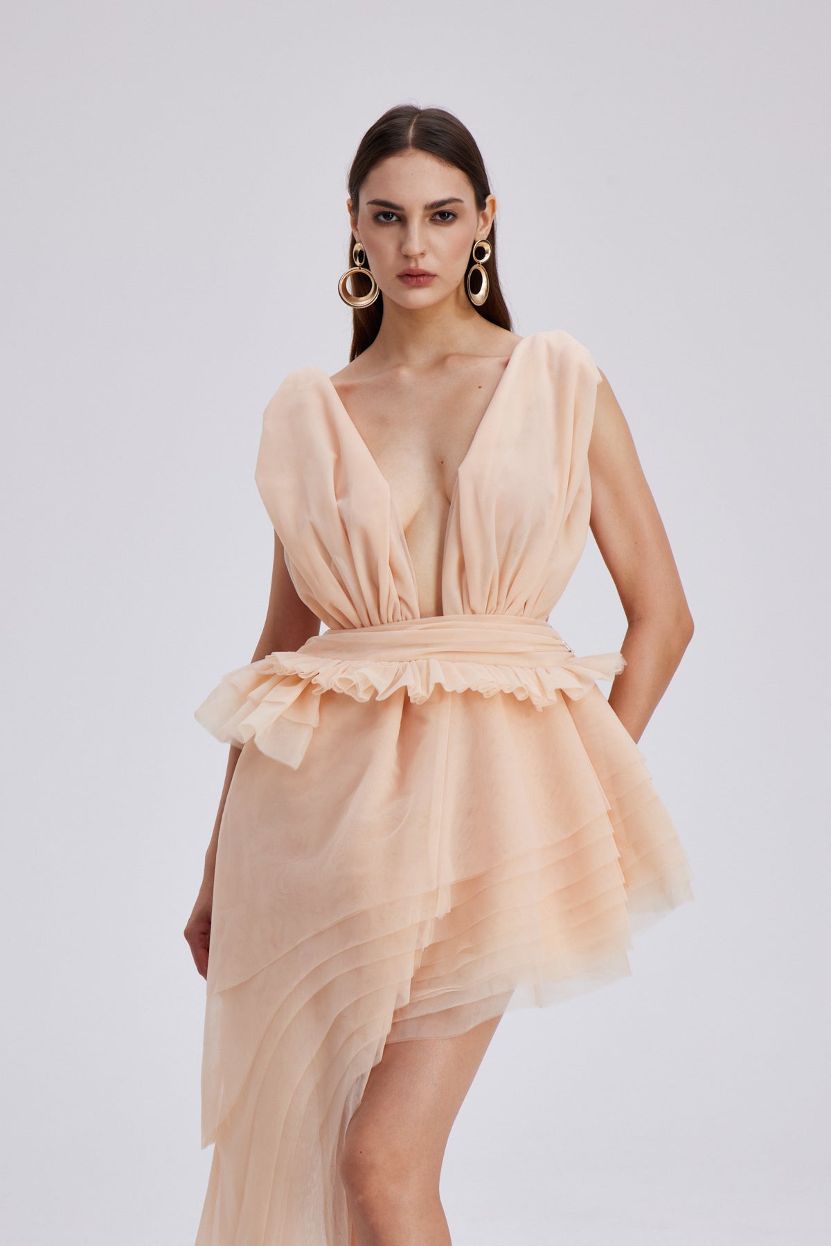 BOSMAT RUCH MESH ASYMMETRIC MINI DRESS APRICOT