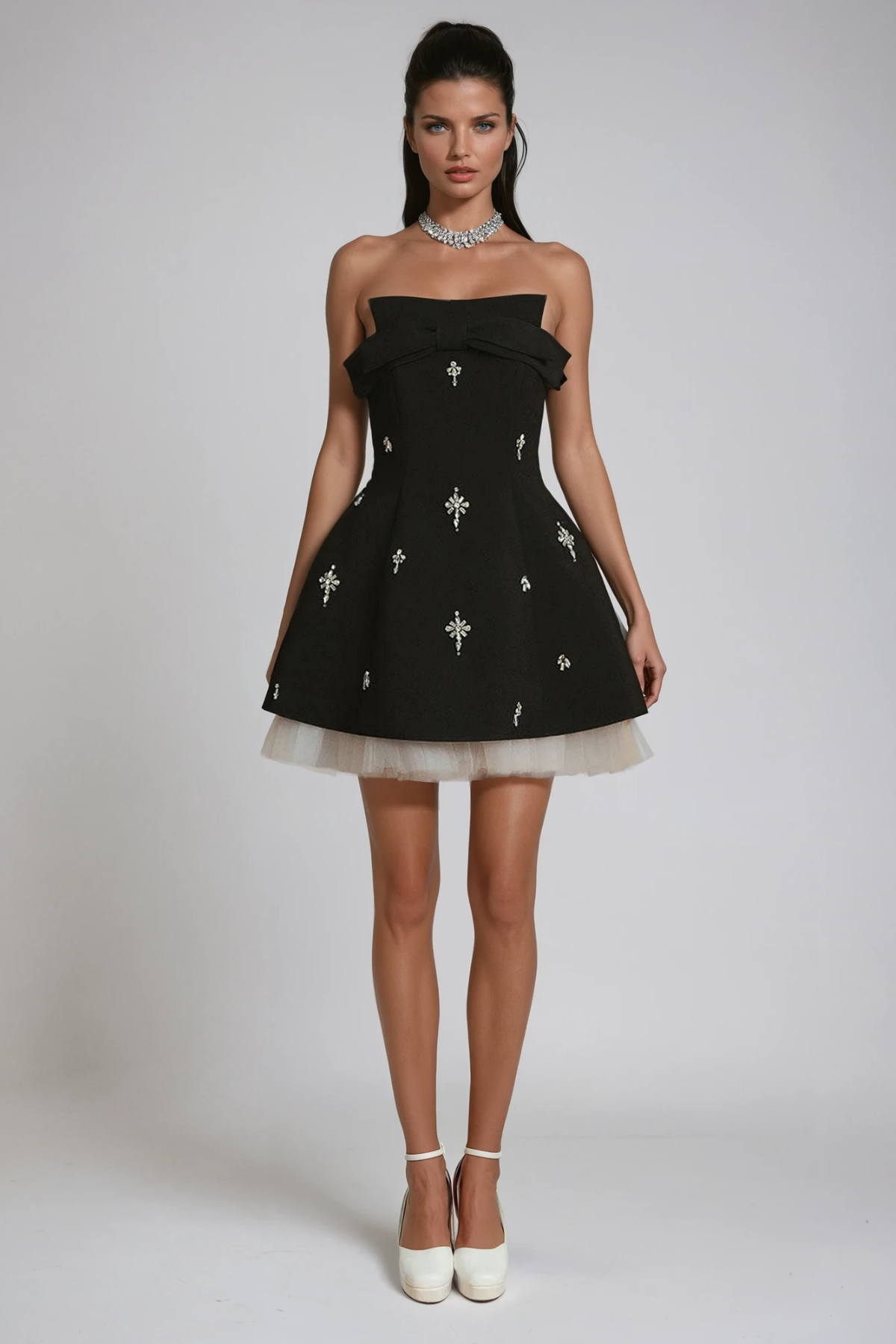 BRACHA CRYSTAL BOW MESH MINI DRESS
