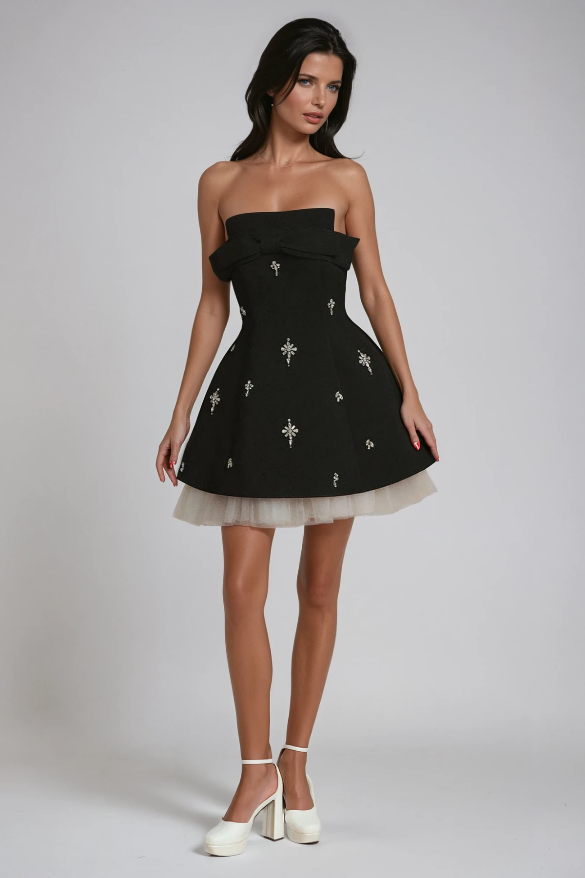 BRACHA CRYSTAL BOW MESH MINI DRESS