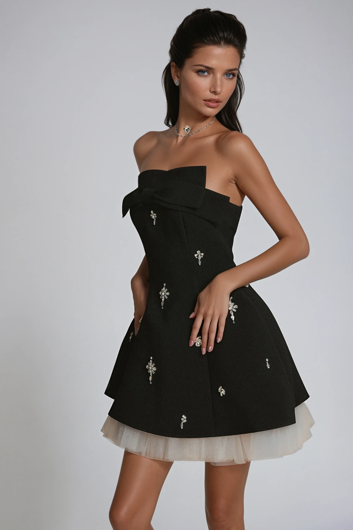 BRACHA CRYSTAL BOW MESH MINI DRESS