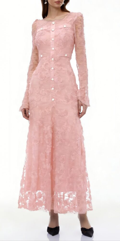 tracy Pink 3D-Floral Embroidered Lace Maxi Dress