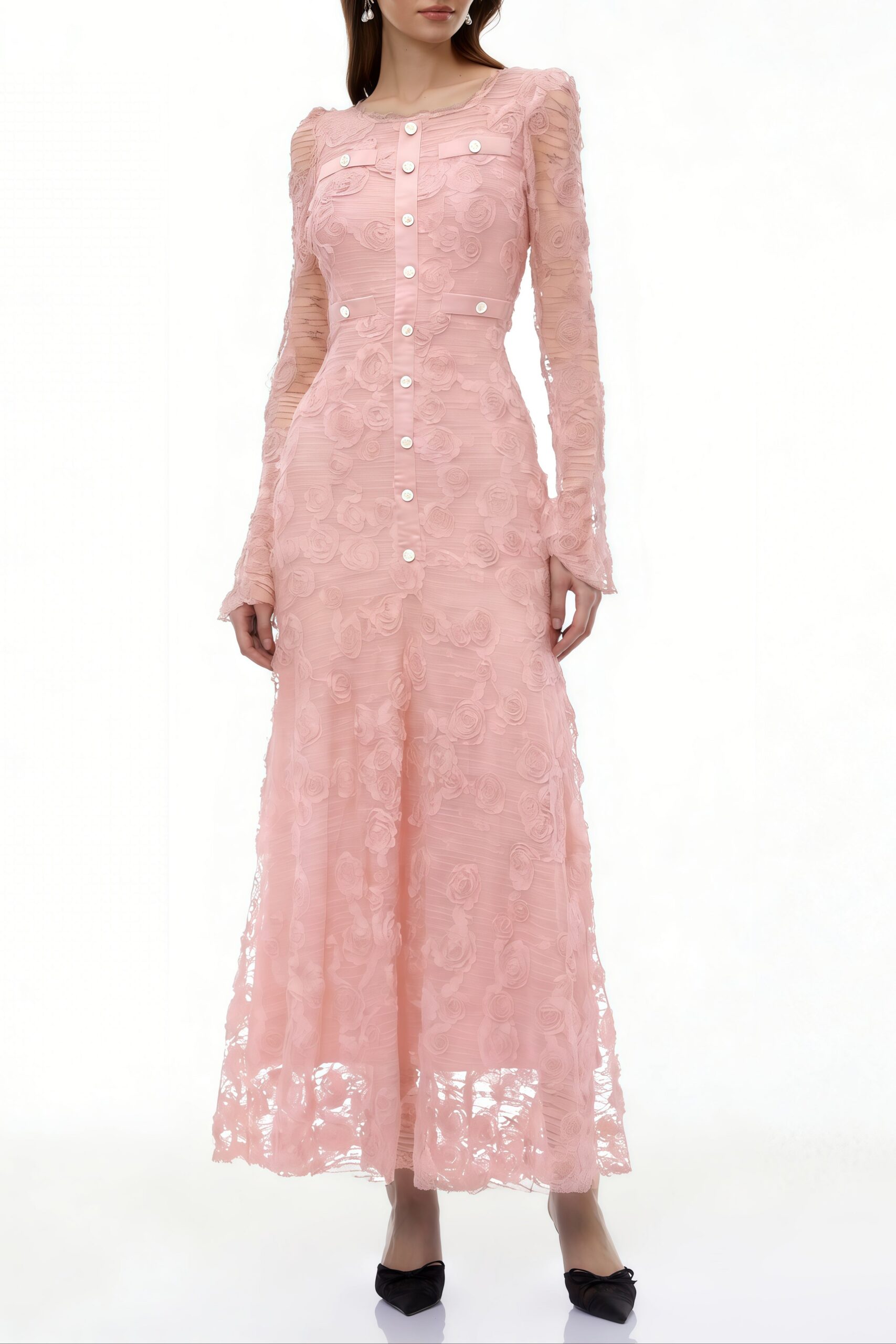 tracy Pink 3D-Floral Embroidered Lace Maxi Dress