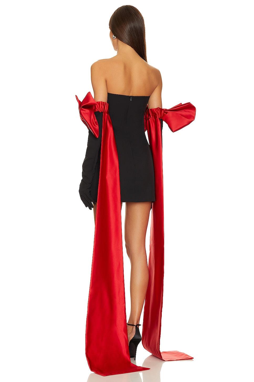 BLACK CUPID DRESS, RED TRAIN BOW GLOVES, ROMANTIC GOTHIC
