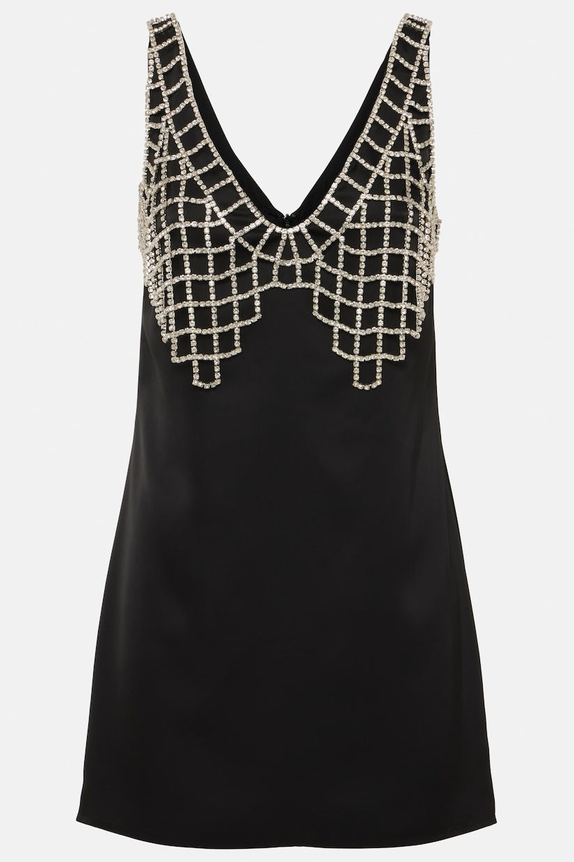BRIONY CRYSTAL MINI DRESS - BLACK SATIN, EVENING