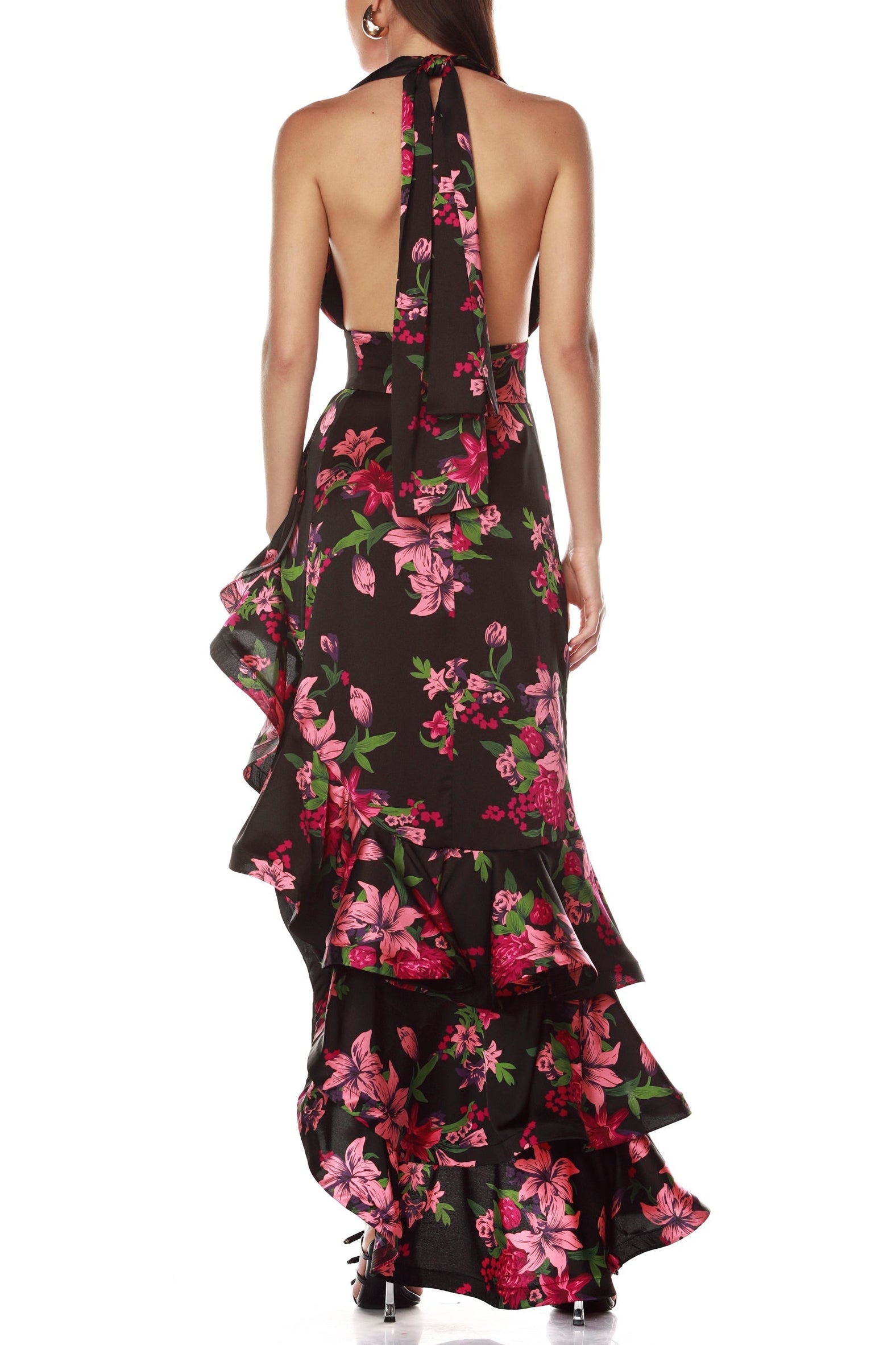 GEORGIA FLORAL HALTER RUFFLE MAXI DRESS BLACK