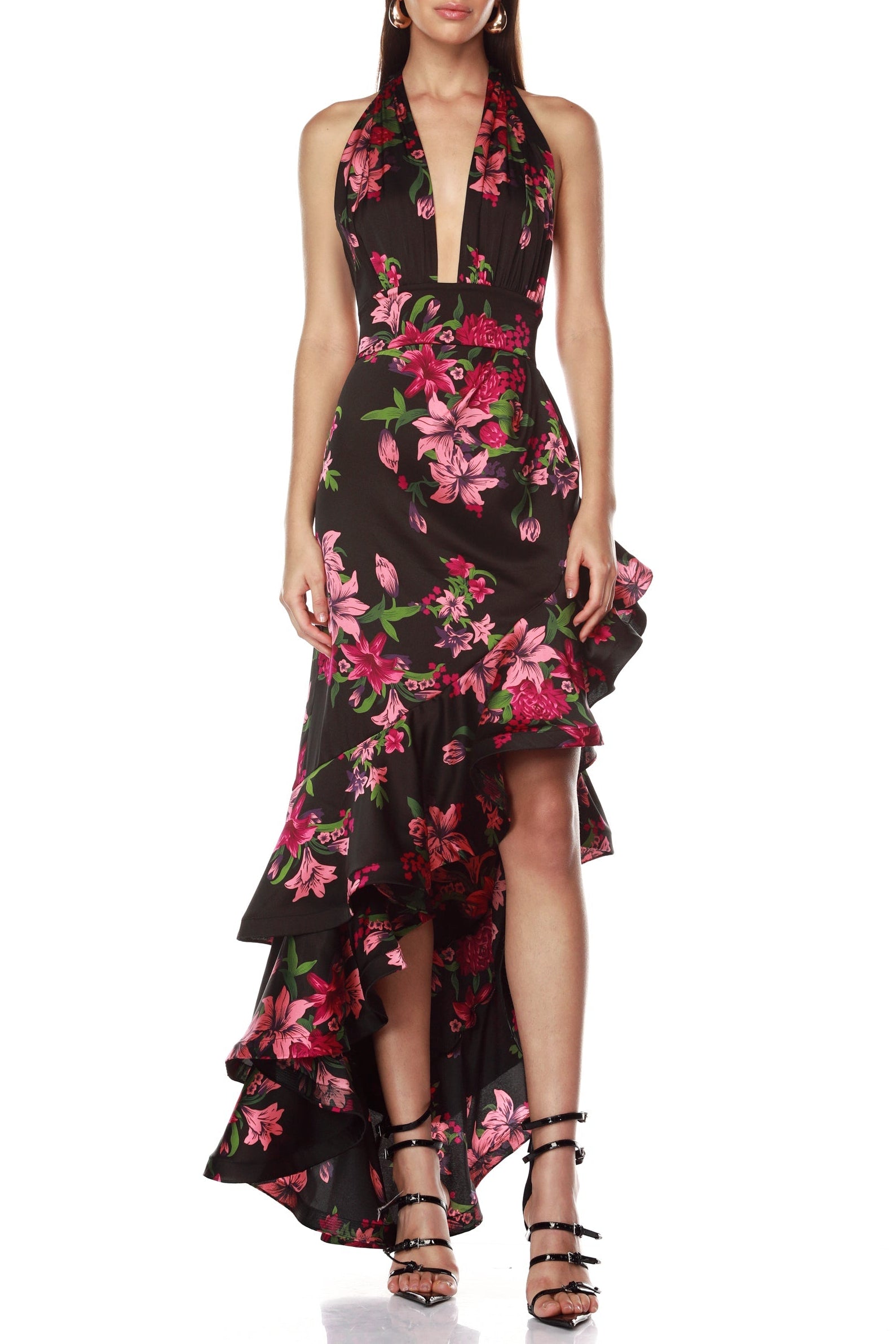 BrontePinkLilyMaxiDressFront_51f7dc1e-218d-4329-9d11-4498436e86c1 GEORGIA FLORAL HALTER RUFFLE MAXI DRESS BLACK