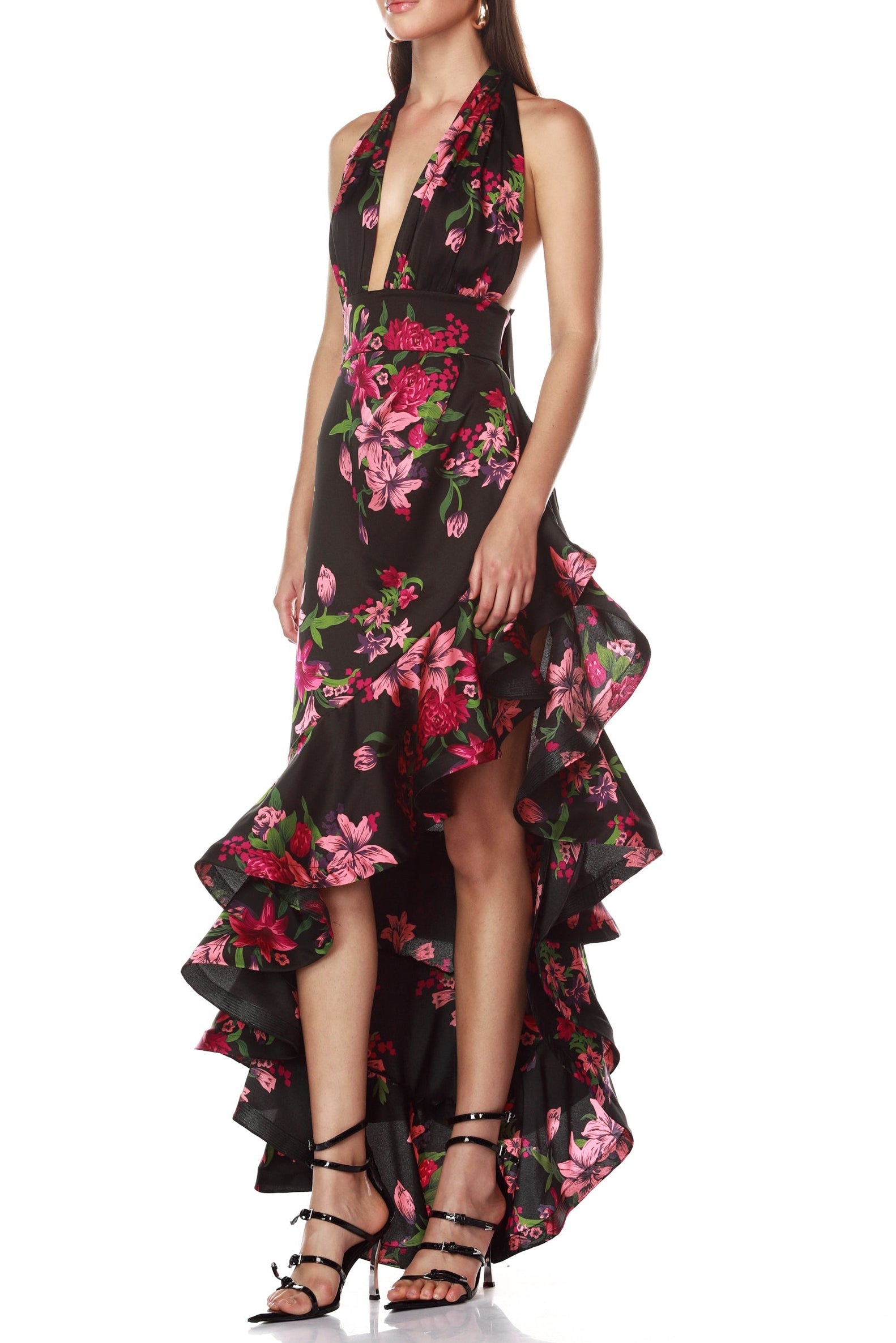 GEORGIA FLORAL HALTER RUFFLE MAXI DRESS BLACK