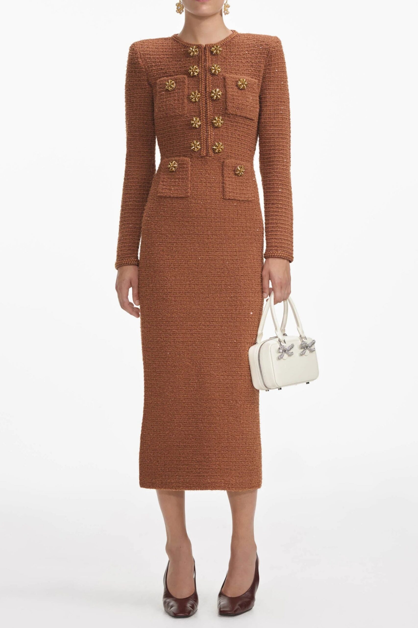 Brown_Textured_Knit_Midi_Dress BRAIDED TWEED MIDI DRESS BROWN