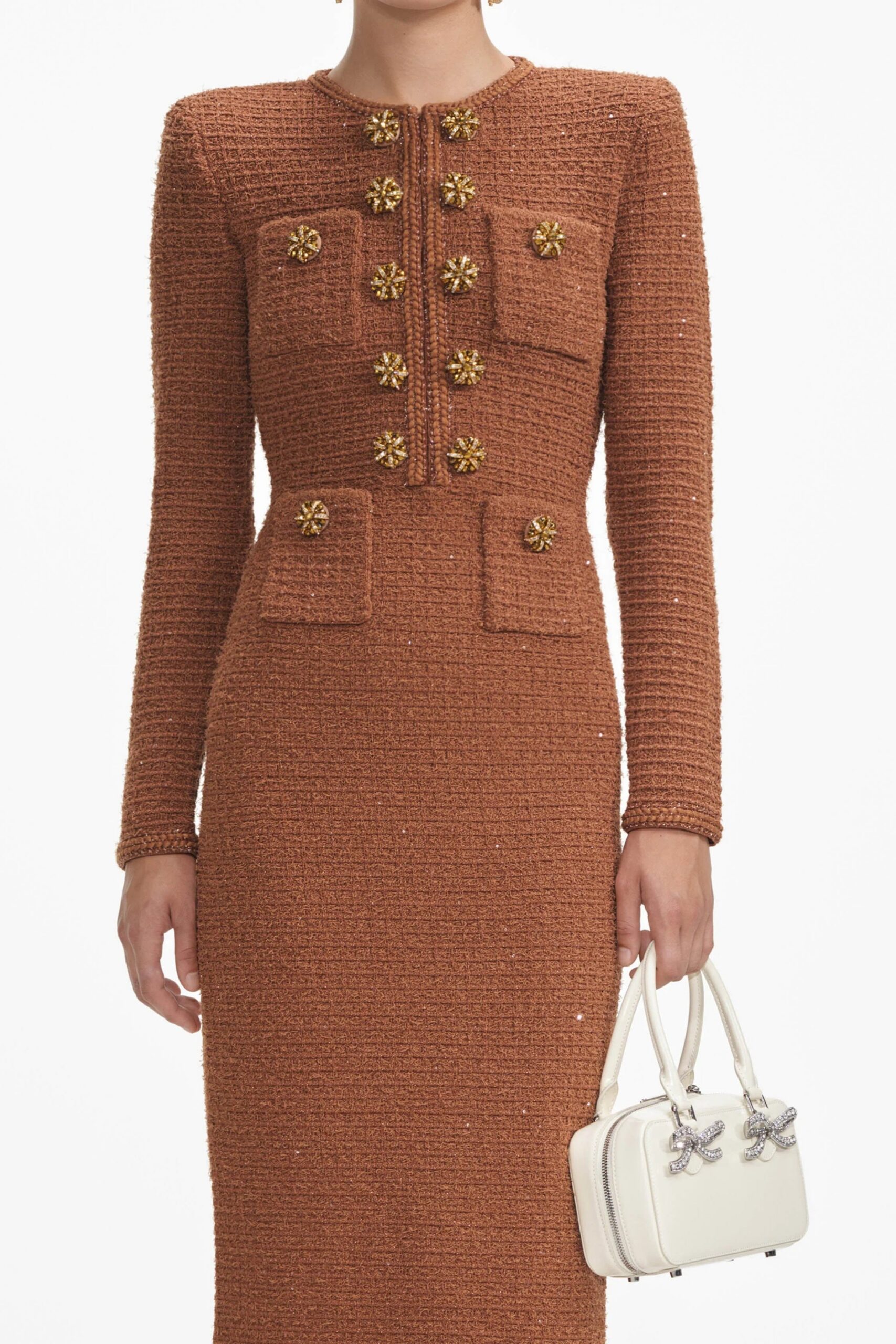 BRAIDED TWEED MIDI DRESS BROWN