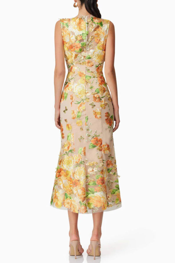 YELLOW 3D FLORAL EMBROIDERED MIDI DRESS FOR WEDDING GUEST