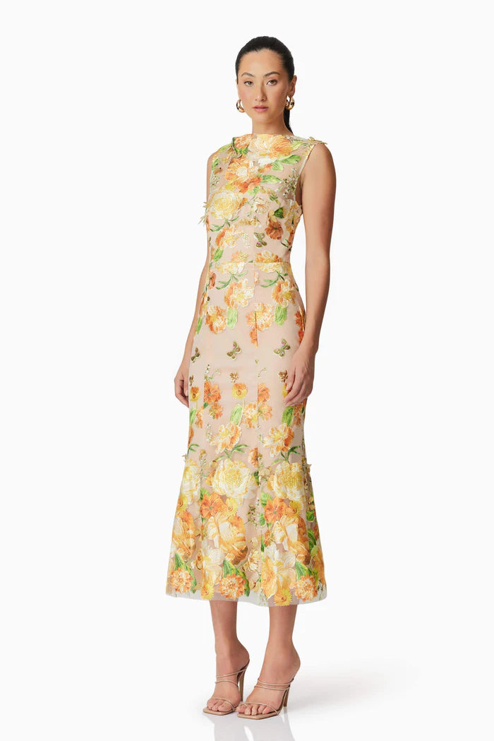 YELLOW 3D FLORAL EMBROIDERED MIDI DRESS FOR WEDDING GUEST