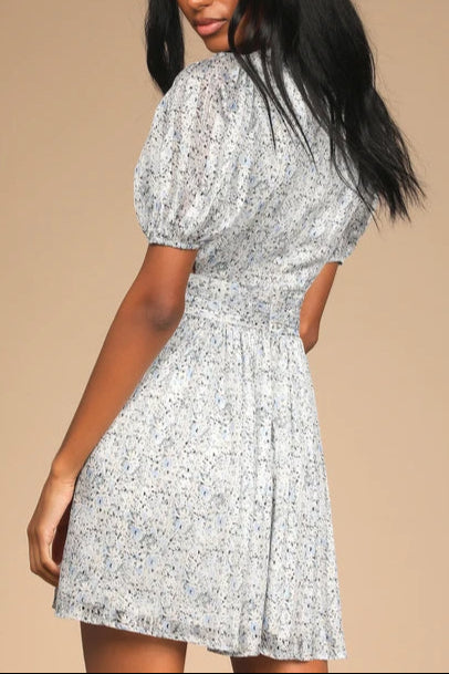 BUDDING LOVE WHITE FLORAL MINI PUFF SLEEVE DRESS