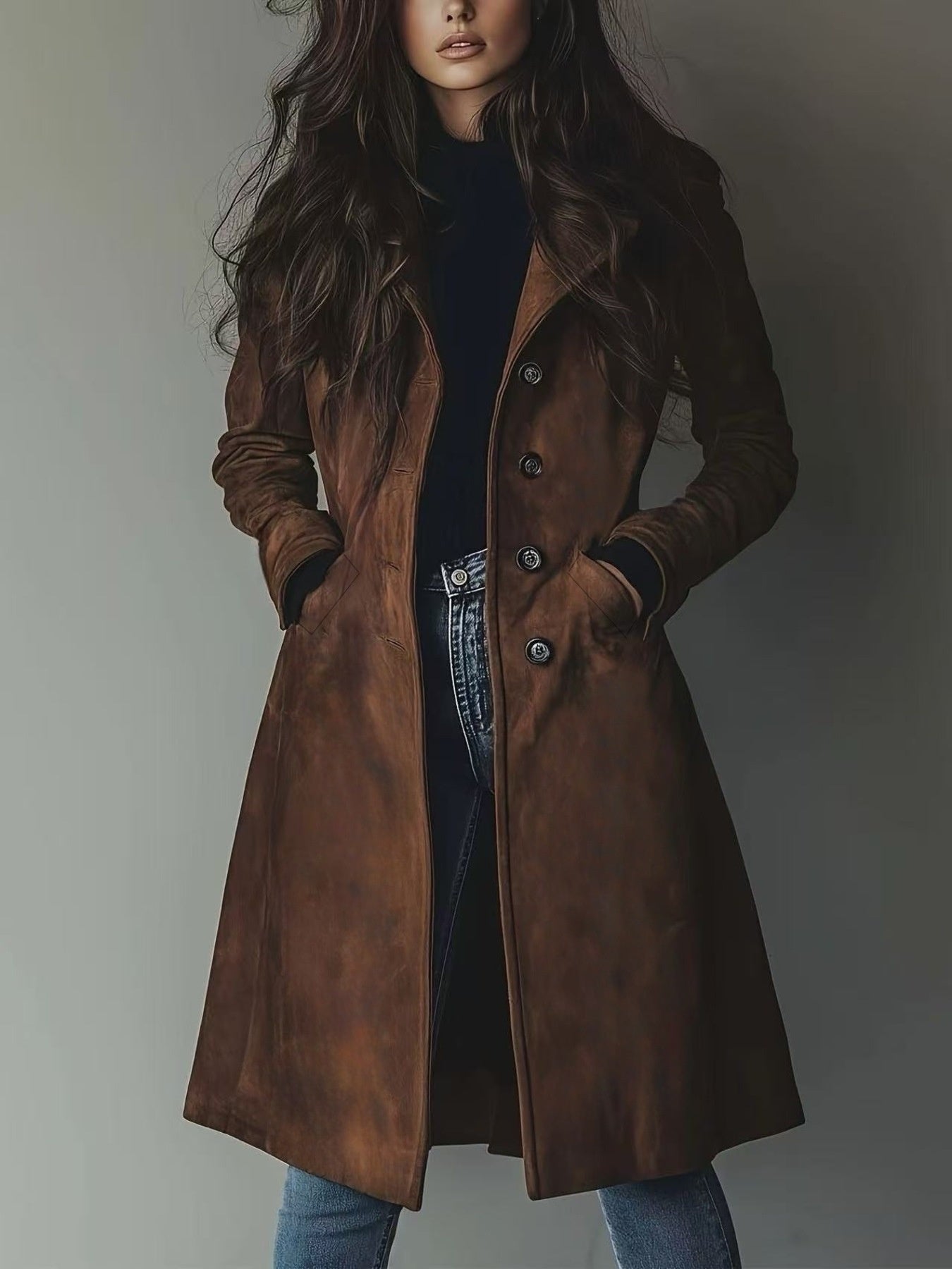 CLASSIC LONG TRENCH COAT, BUTTON FRONT, WORK STYLE