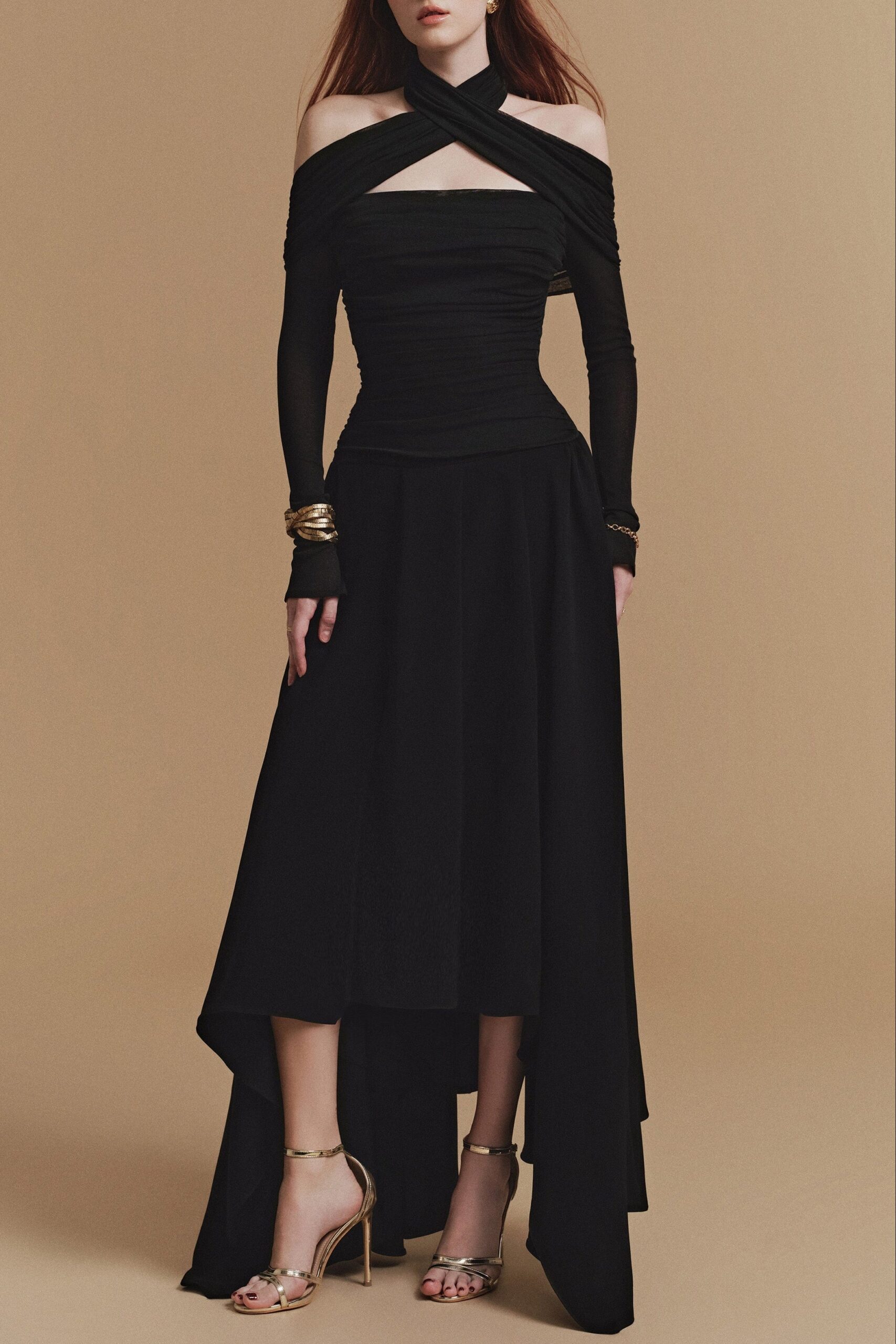 C0639 WRAP FRONT LONG SLEEVE MIDI DRESS FOR WEDDING