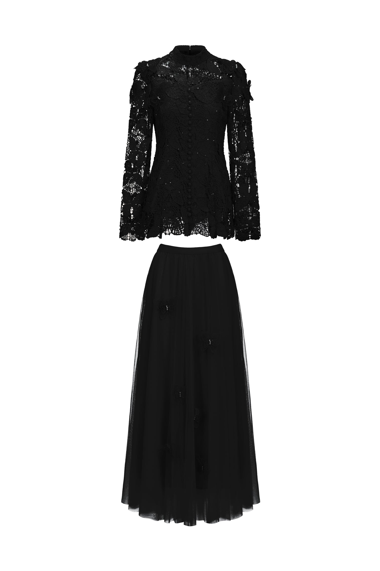 YVETTE BLACK LACE TWO-PIECE SET, LONG SLEEVE BUTTERFLY TOP & SKIRT