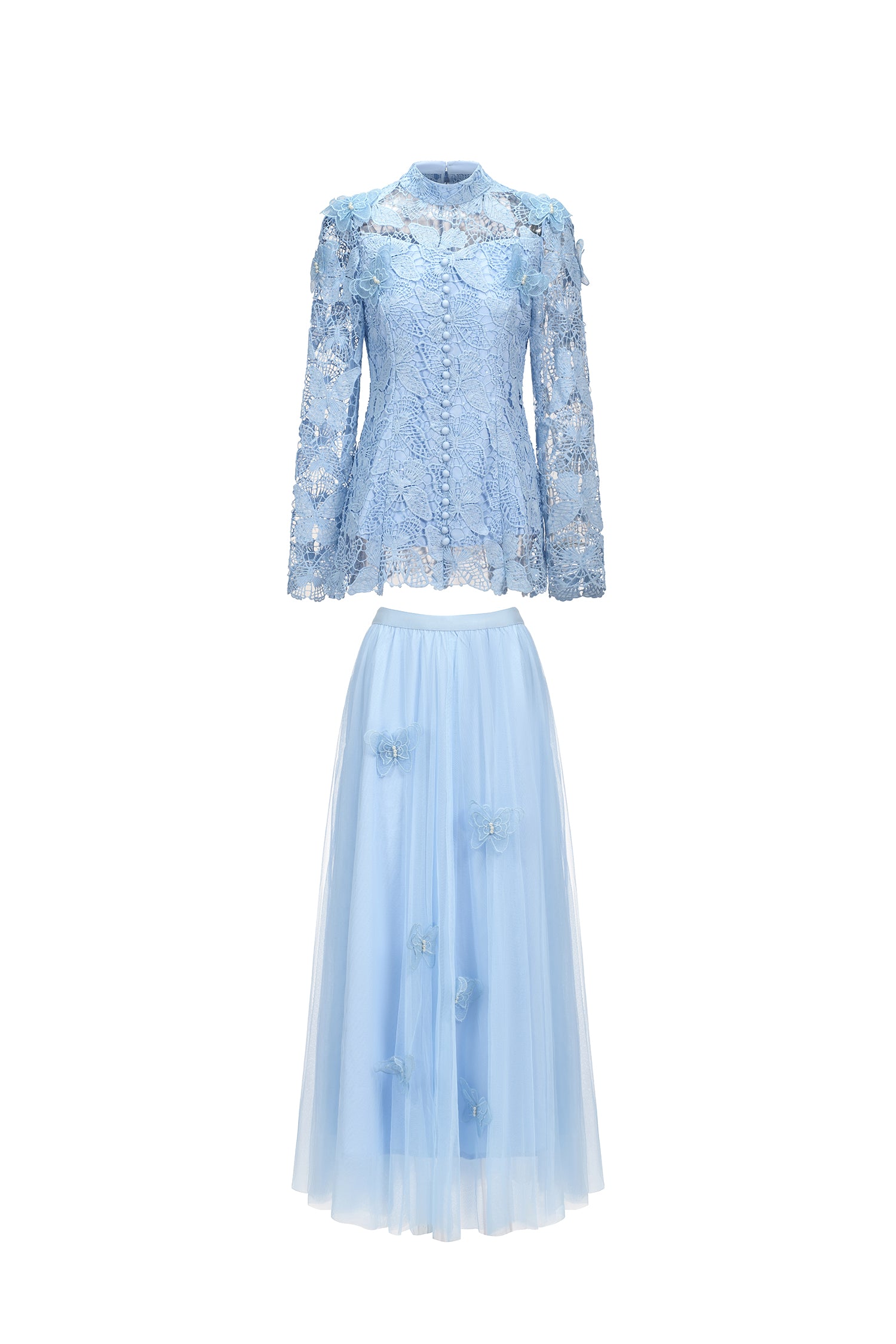 YVETTE BLUE LACE TWO-PIECE SET | LONG SLEEVE BUTTERFLY TOP & SKIRT