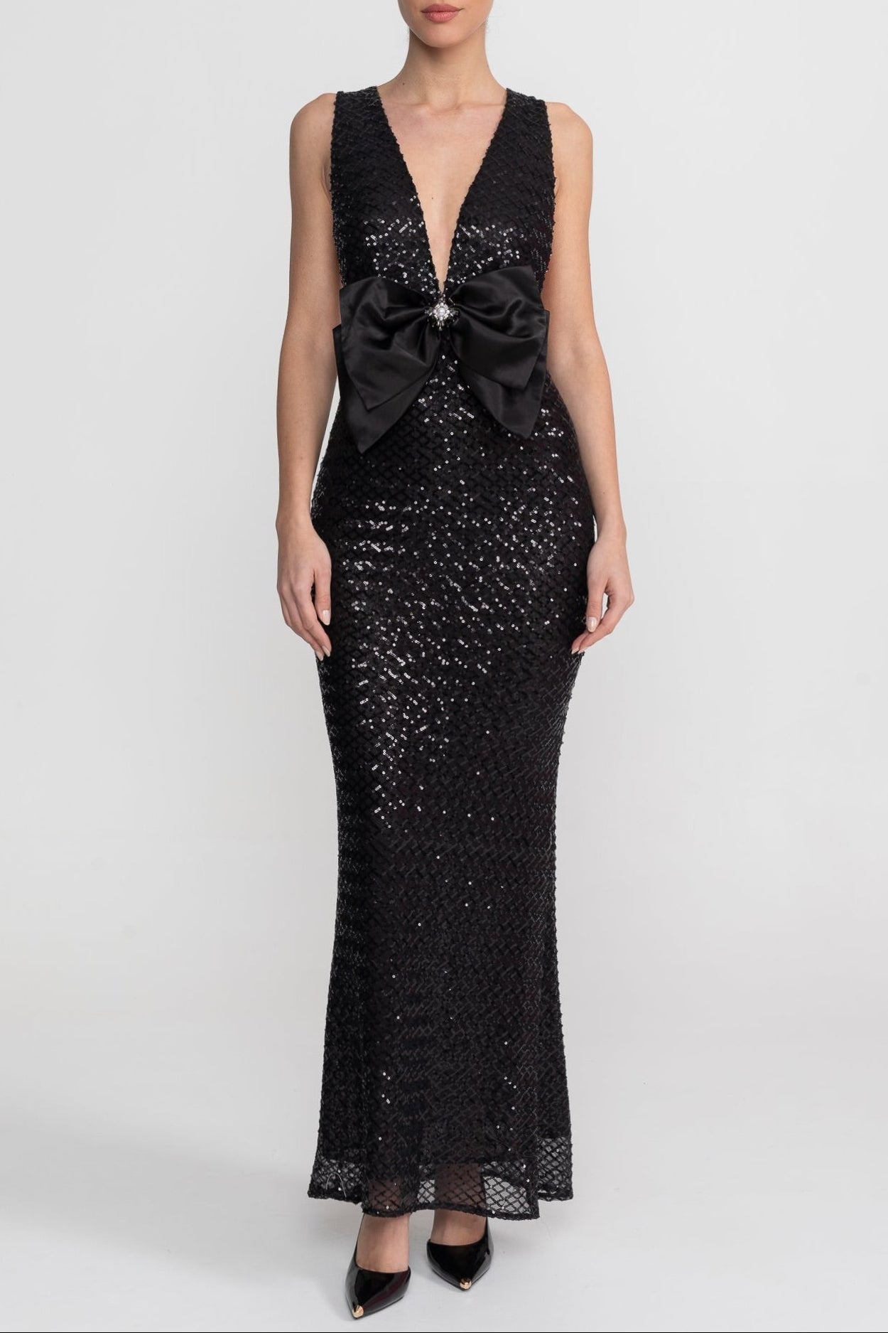 C8F8C9D1-2CC2-4931-80D2-7DB53DA91BFF SATIN BOW SEQUIN MAXI DRESS, BLACK, FORMAL
