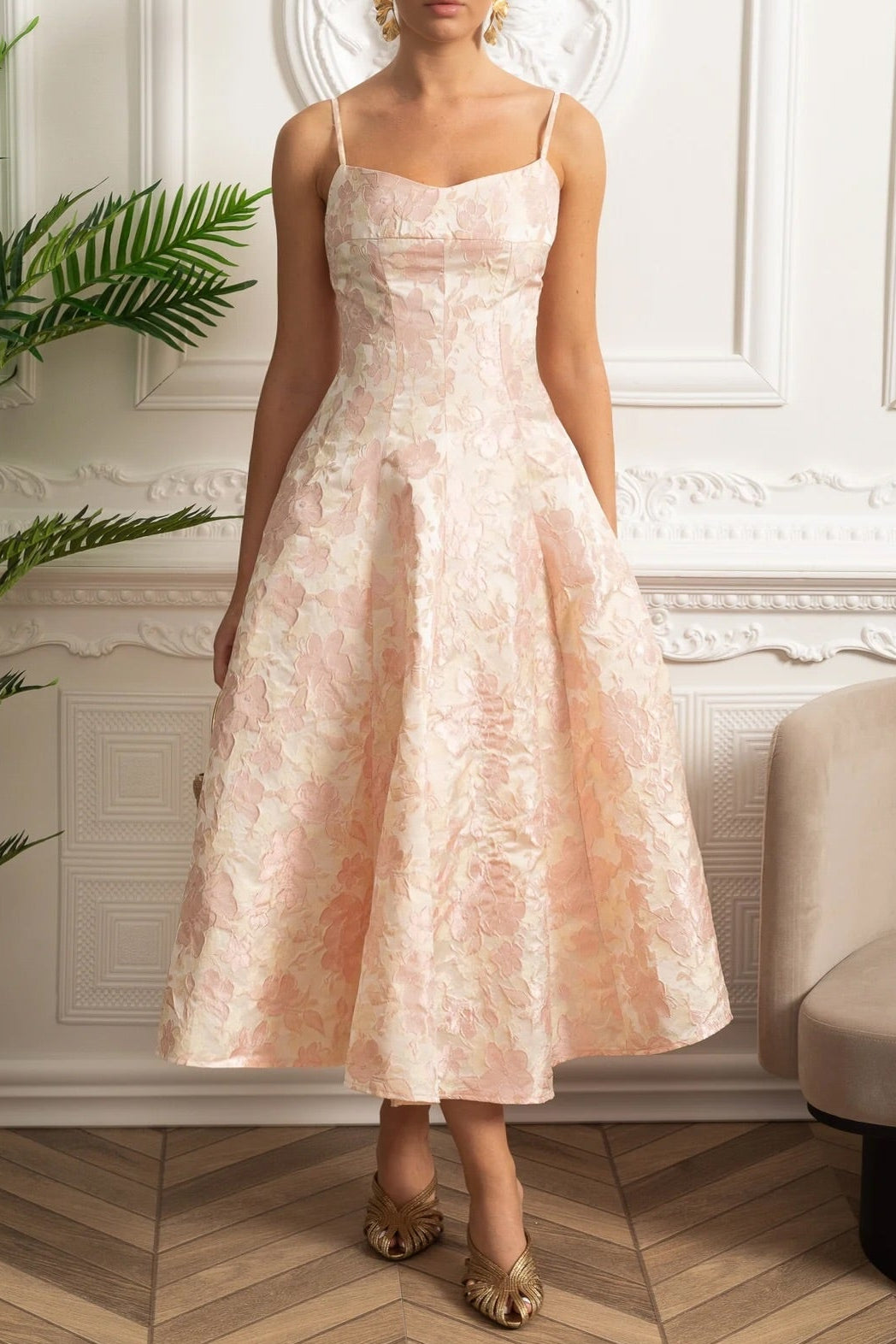ALYSSA PINK JACQUARD FLORAL MIDI DRESS FOR WEDDING