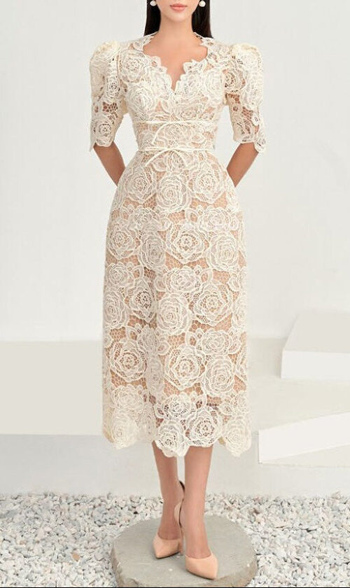 Martha Puff Sleeve 3D Rose Lace Midi Dress
