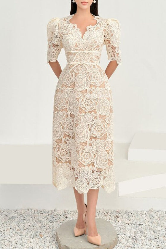 Martha Puff Sleeve 3D Rose Lace Midi Dress