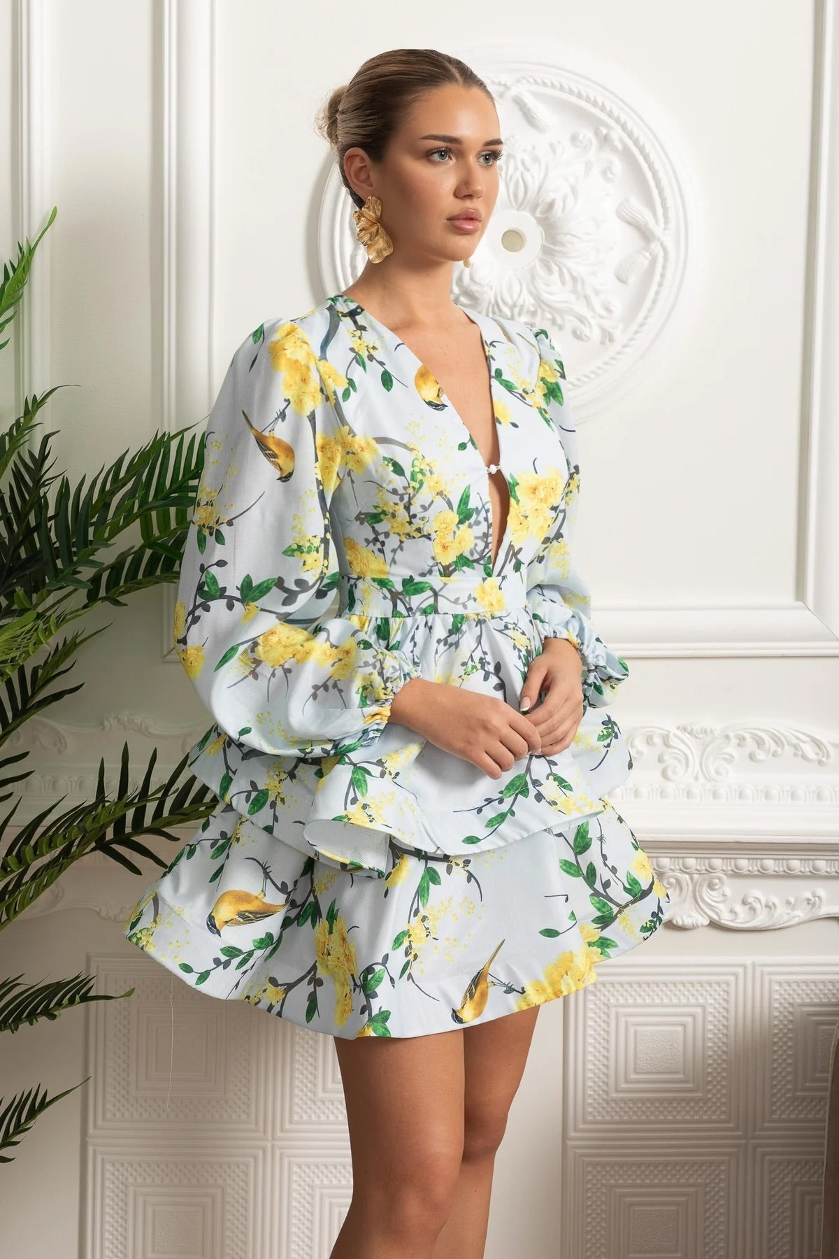 FLORAL ROMANTIC MINI DRESS, VOLUMINOUS SLEEVES, SKY BLUE, WEDDING GUEST