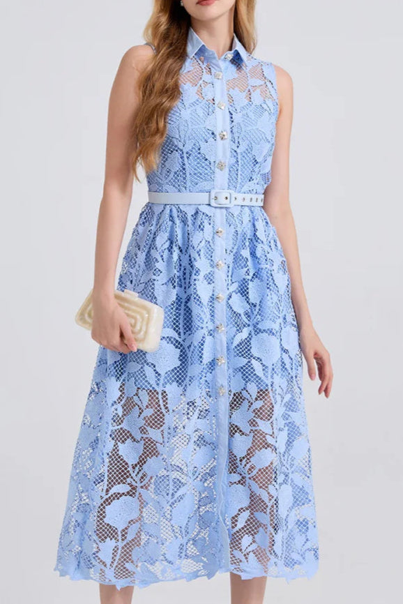 BLUE SLEEVELESS PINCHED WAIST MIDI DRESS