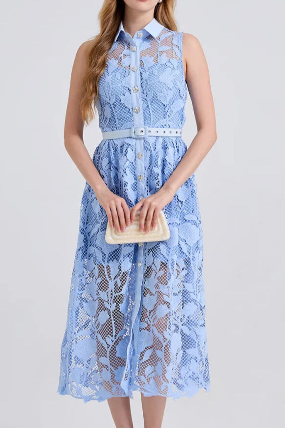 BLUE SLEEVELESS PINCHED WAIST MIDI DRESS