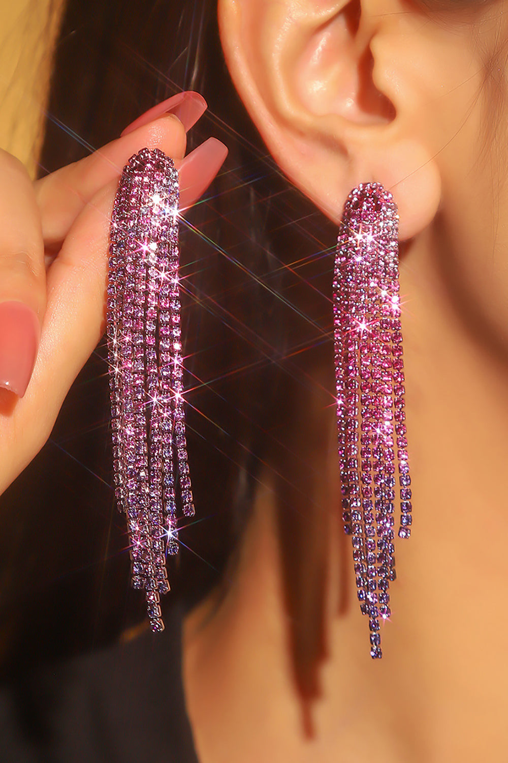 CGLH4519Fuchsia_2 SHINY RHINESTONE LONG TASSEL PARTY EARRINGS