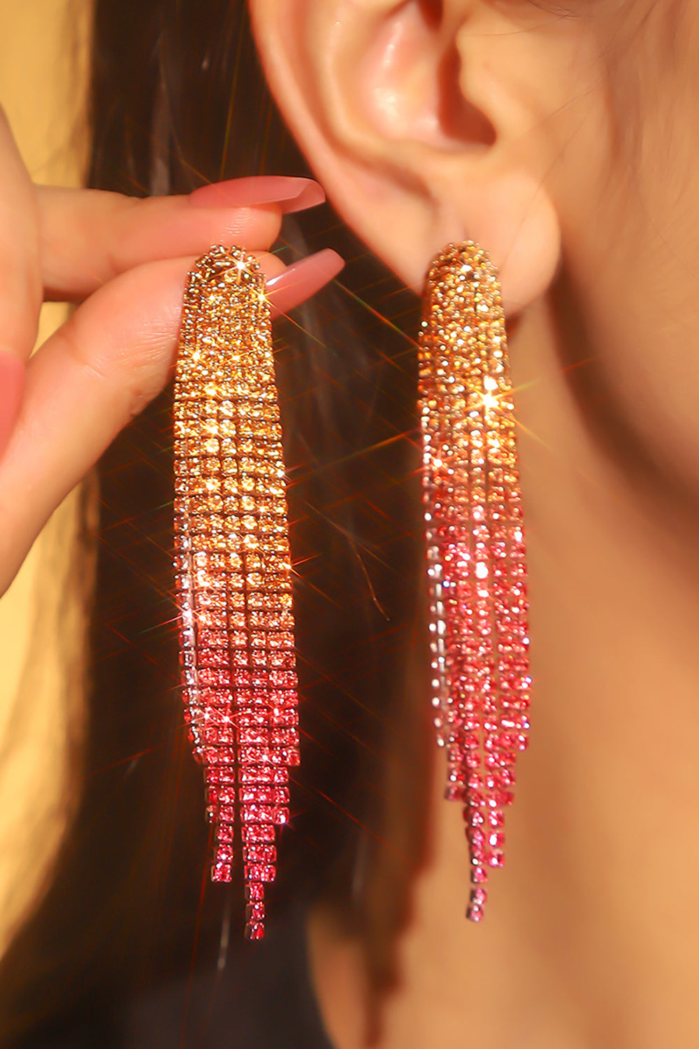 SHINY RHINESTONE LONG TASSEL PARTY EARRINGS