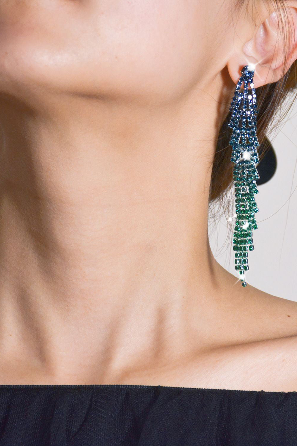 TASSEL GRADIENT RHINESTONE LONG DROP EARRINGS