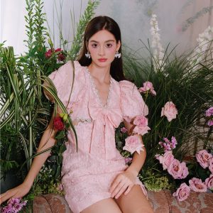 LUXE BUBBLE SLEEVE JACQUARD EMBROIDERY DRESS