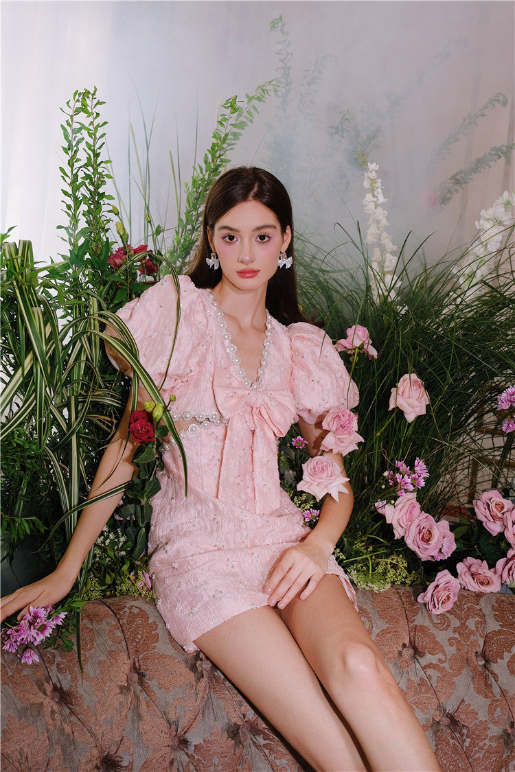 LUXE BUBBLE SLEEVE JACQUARD EMBROIDERY DRESS