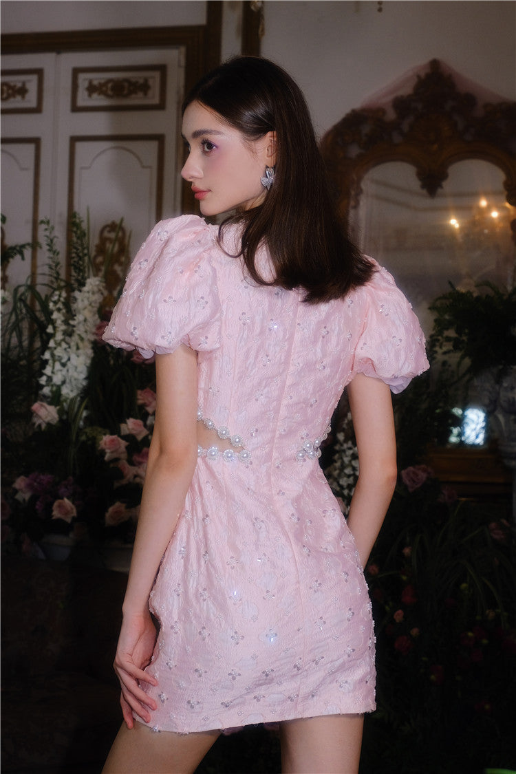 LUXE BUBBLE SLEEVE JACQUARD EMBROIDERY DRESS
