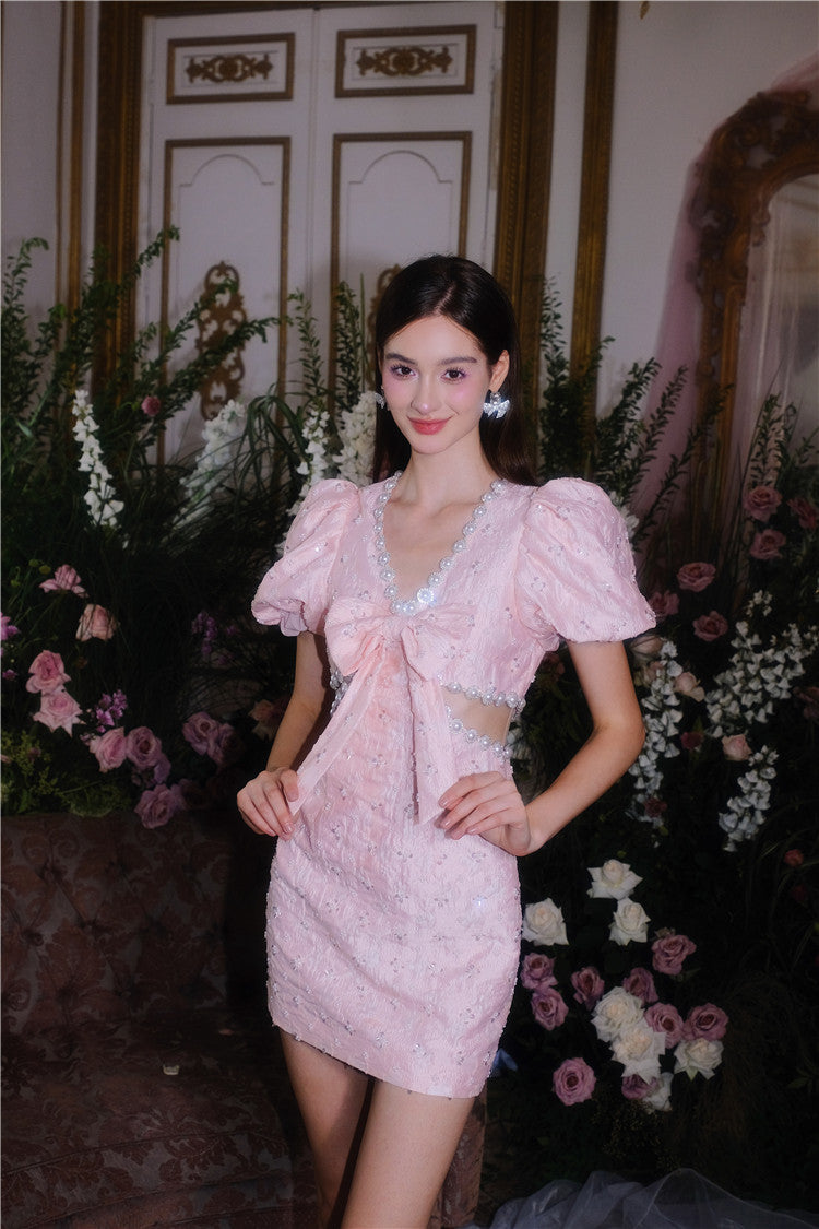 LUXE BUBBLE SLEEVE JACQUARD EMBROIDERY DRESS