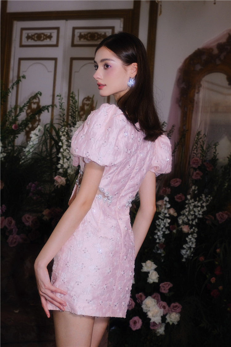LUXE BUBBLE SLEEVE JACQUARD EMBROIDERY DRESS