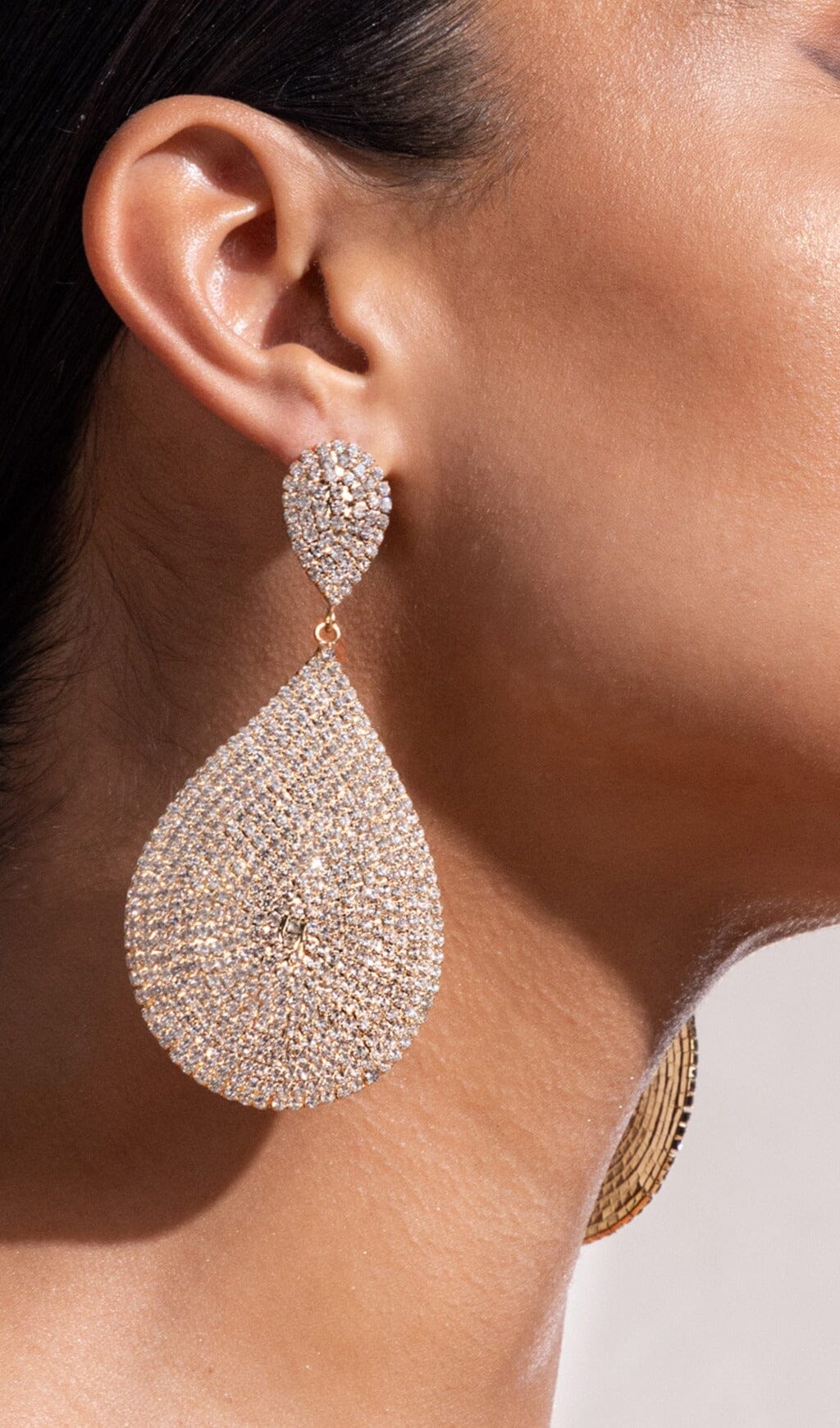 GOLD TEARDROP DIAMANTE STATEMENT PARTY EARRINGS