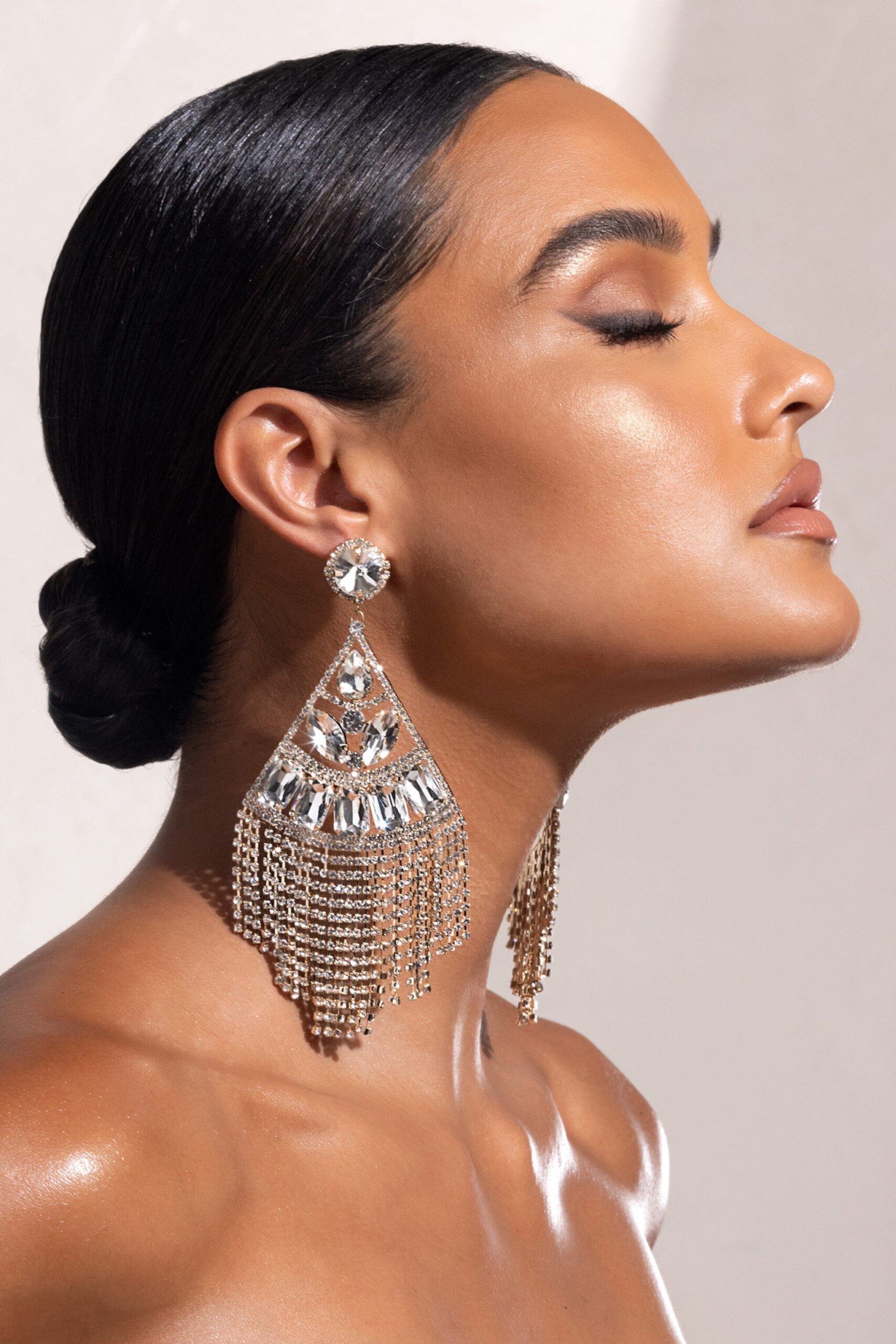GOLD CRYSTAL DROP TASSEL EARRINGS FOR PARTY