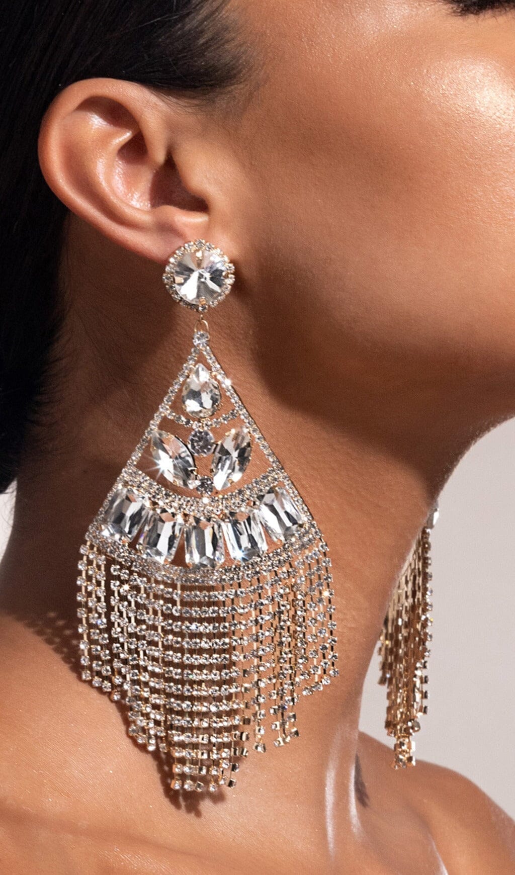 GOLD CRYSTAL DROP TASSEL EARRINGS FOR PARTY